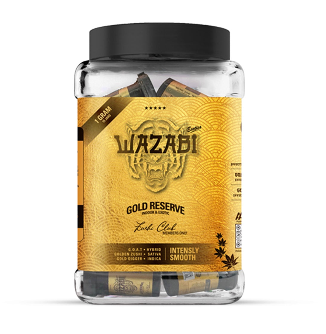 WAZABI EXOTICS GOLD RESERVE MEMBERS ONLY 1G FLOWER JAR 15/PK – (3 IN 1 JAR)